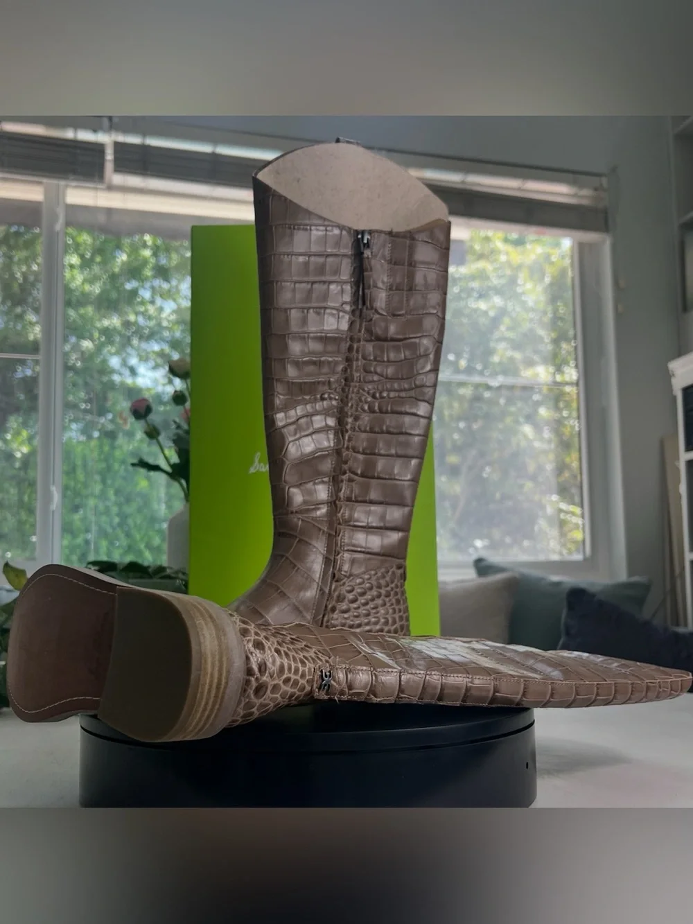 Sam Edelman Taupe Croc-Embossed riding knee high Leather Boots